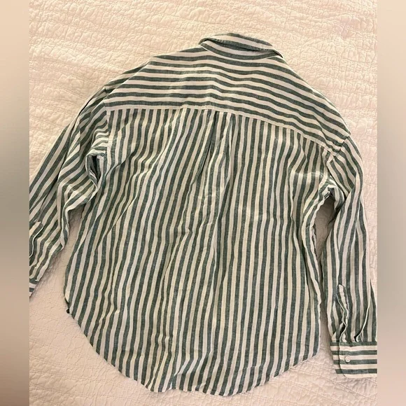 Faherty Laguna Linen relaxed blouse green white stripe L - Picture 9 of 11